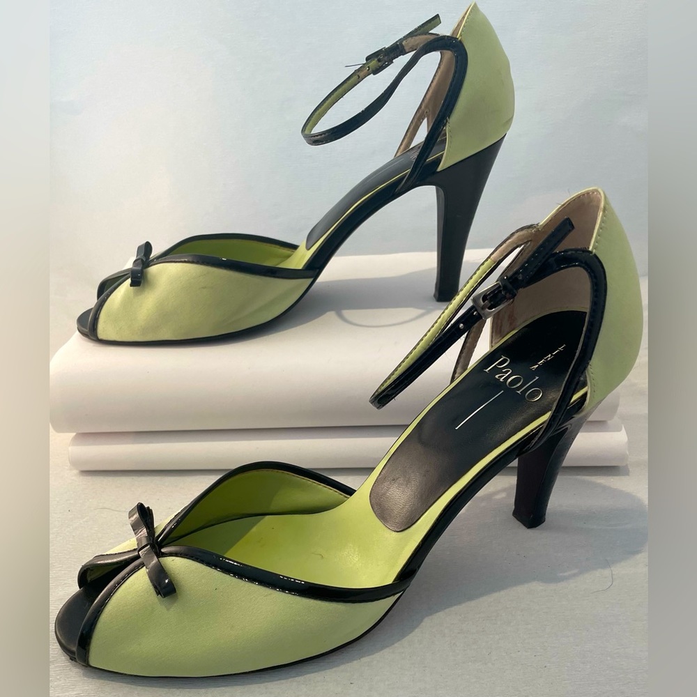 Paolo Lime Green and Black Satin Heel with Peep-toe detail, sz 8.5